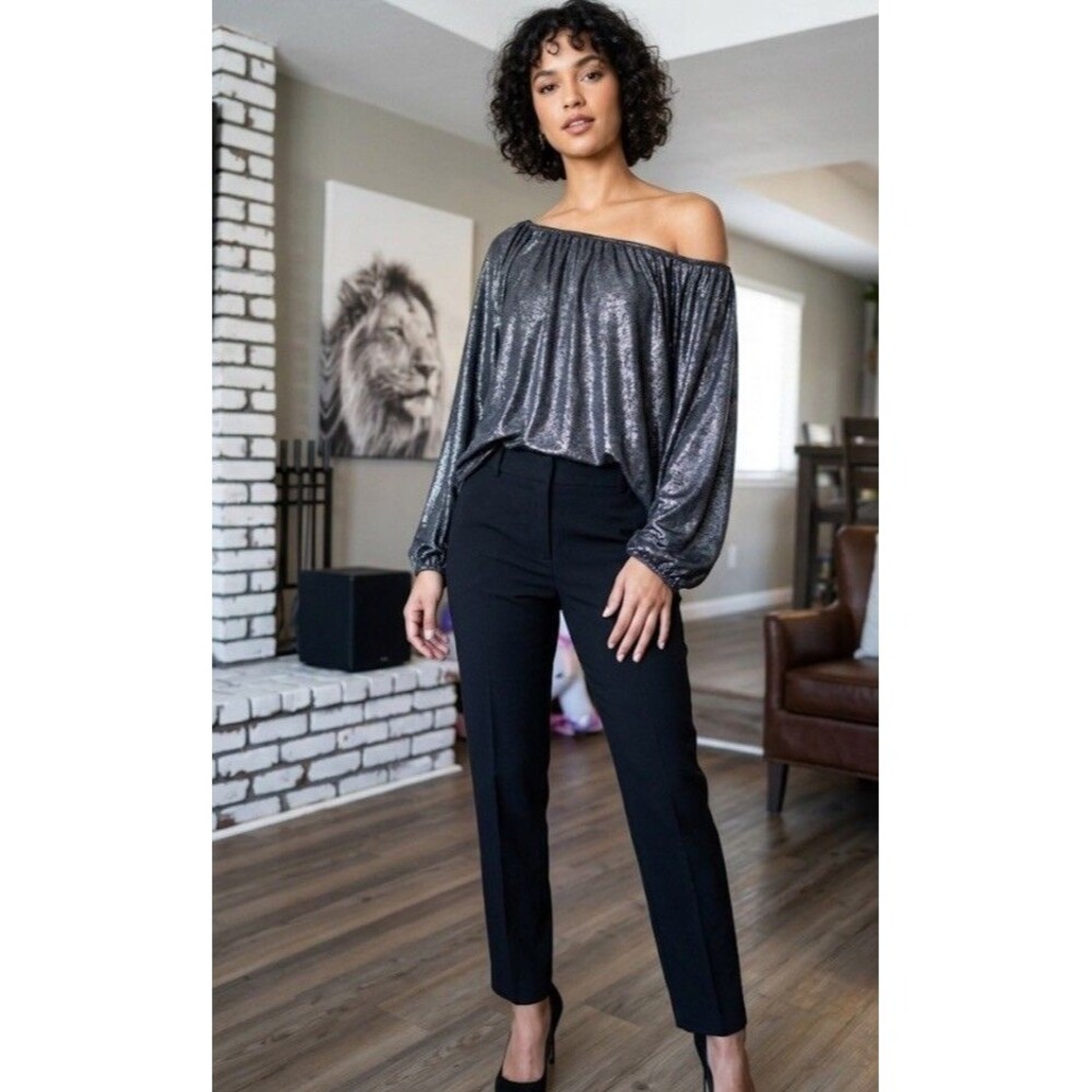 Covington Woman Sz 2X Black Metallic Shimmer Party Blouse Wide Long Sleeve Tunic